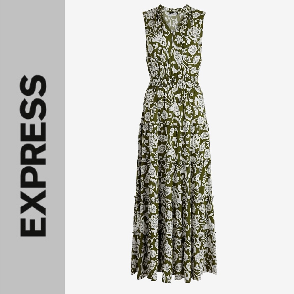 Express Printed V-Neck Tiered Maxi Dress XS